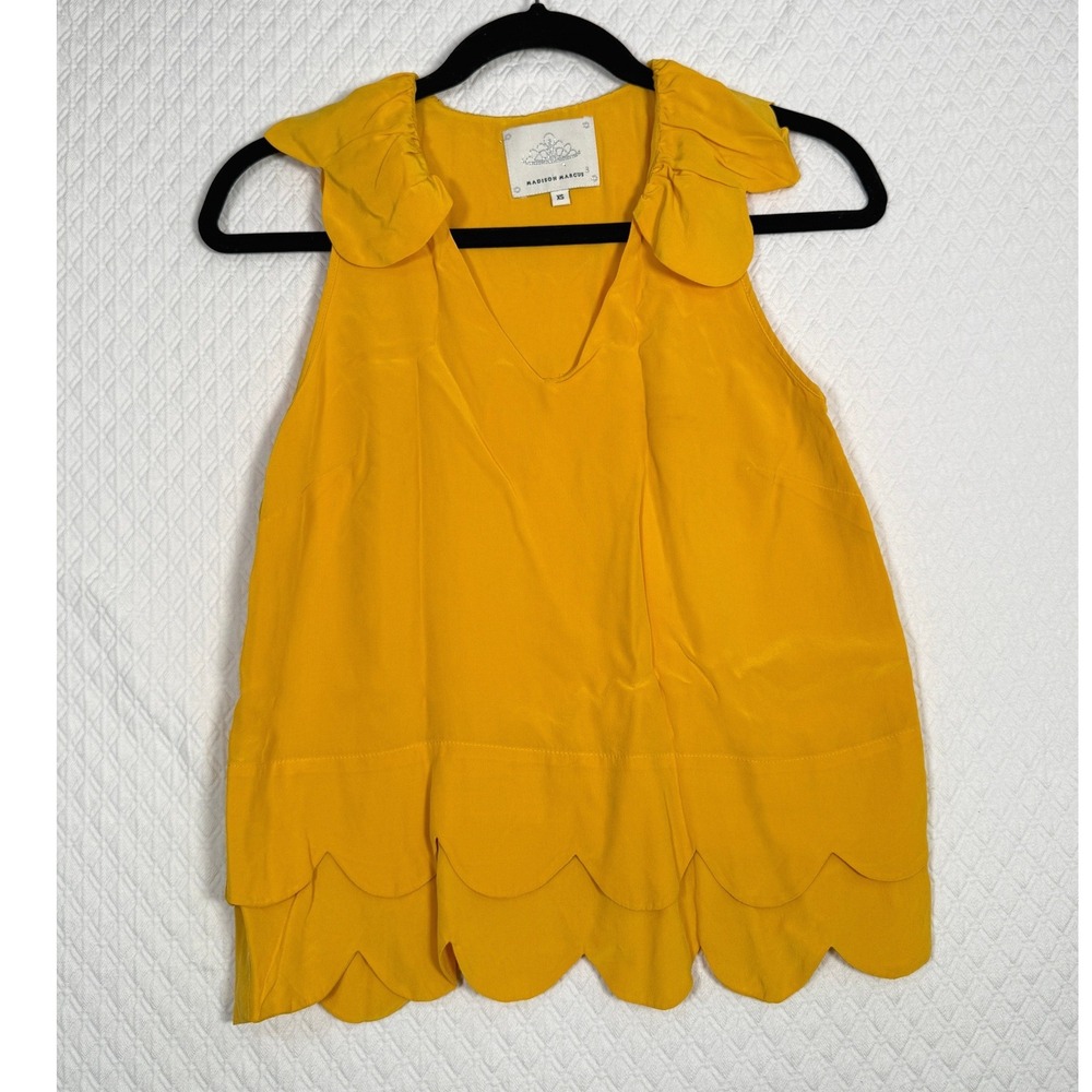 Madison Marcus Cottagecore Mustard Yellow 100% Silk Ruffle Scalloped Blouse XS‎